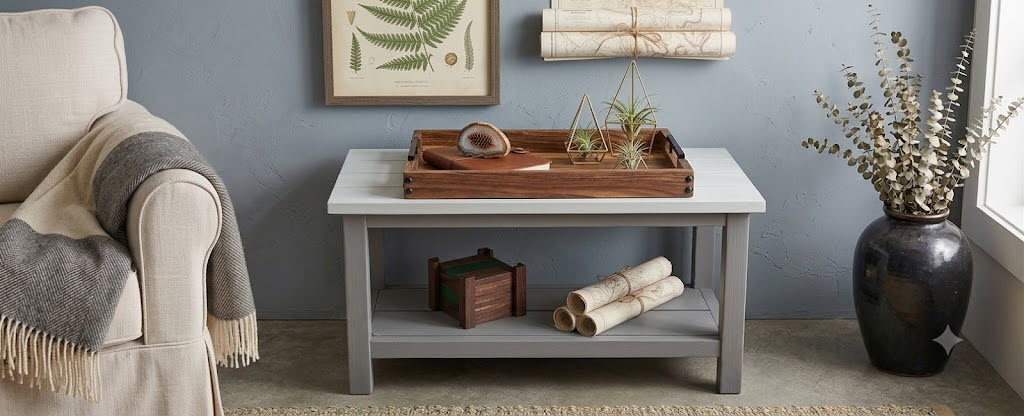 Grey-finish accent table styled with a Studio DA signature serving tray