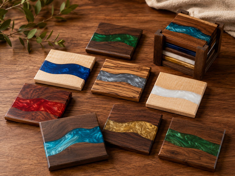 Set of olive wood and walnut coasters with a flowing resin river in a range of colors, shown with a matching wooden stand