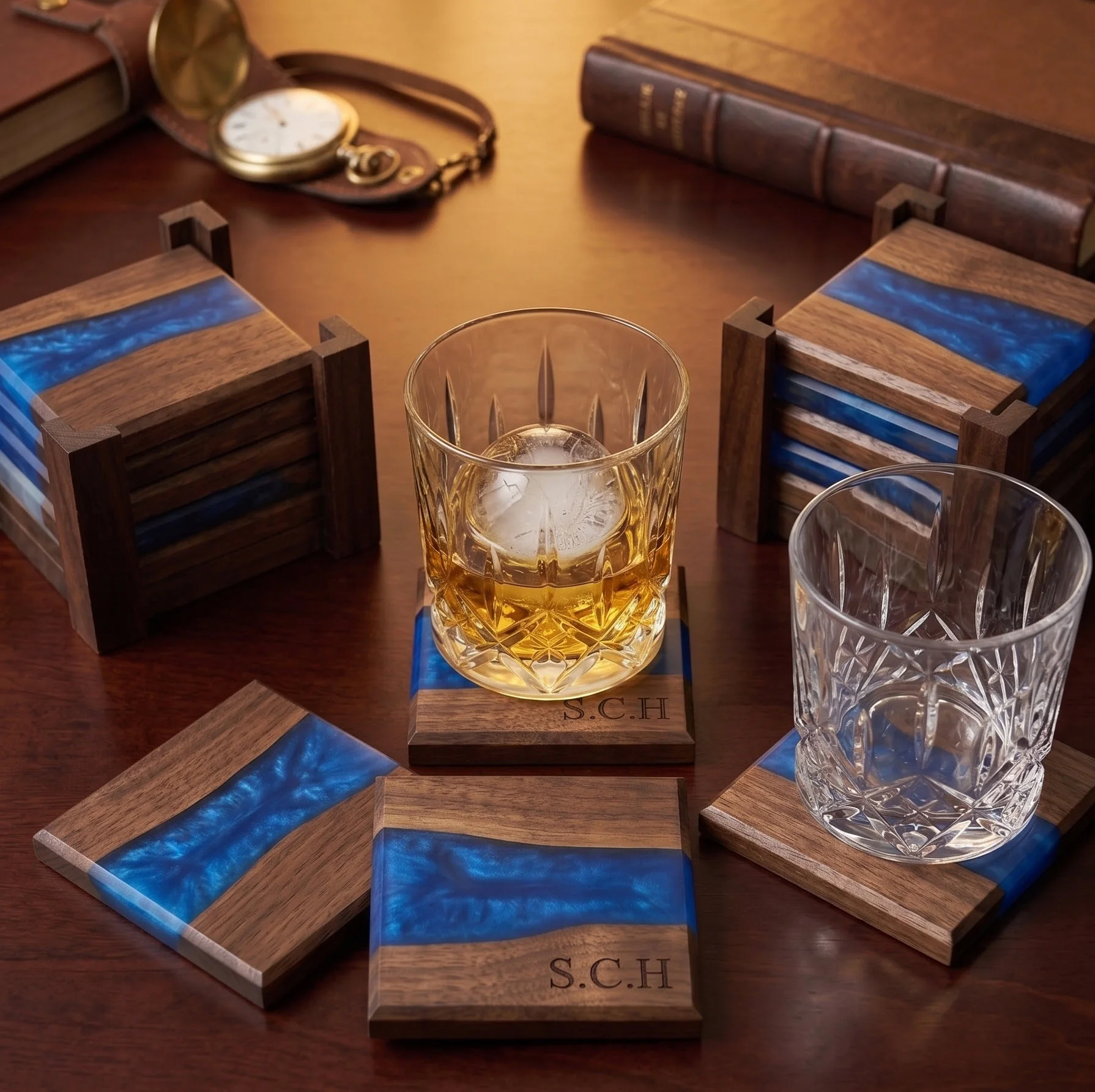 Walnut and blue resin coasters styled with drinks
