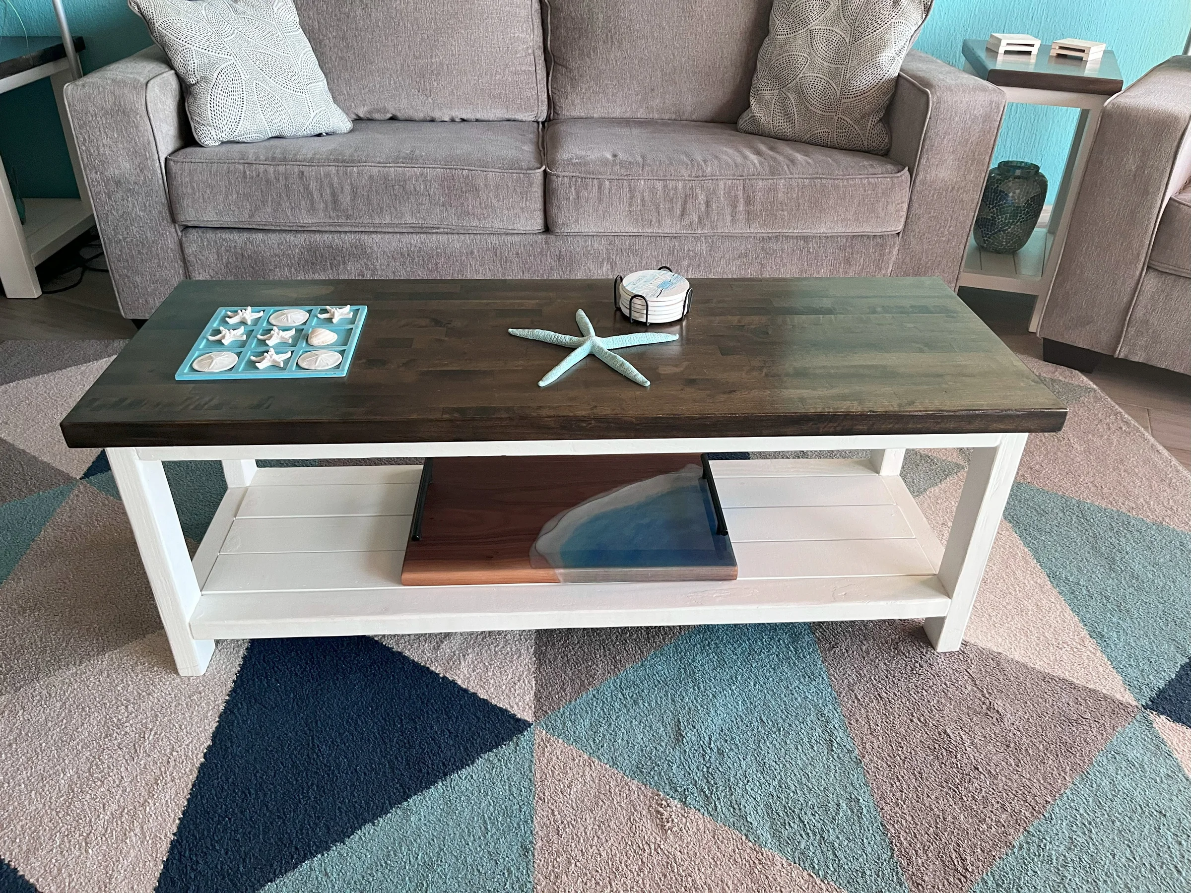 Custom coffee table in a styled living room