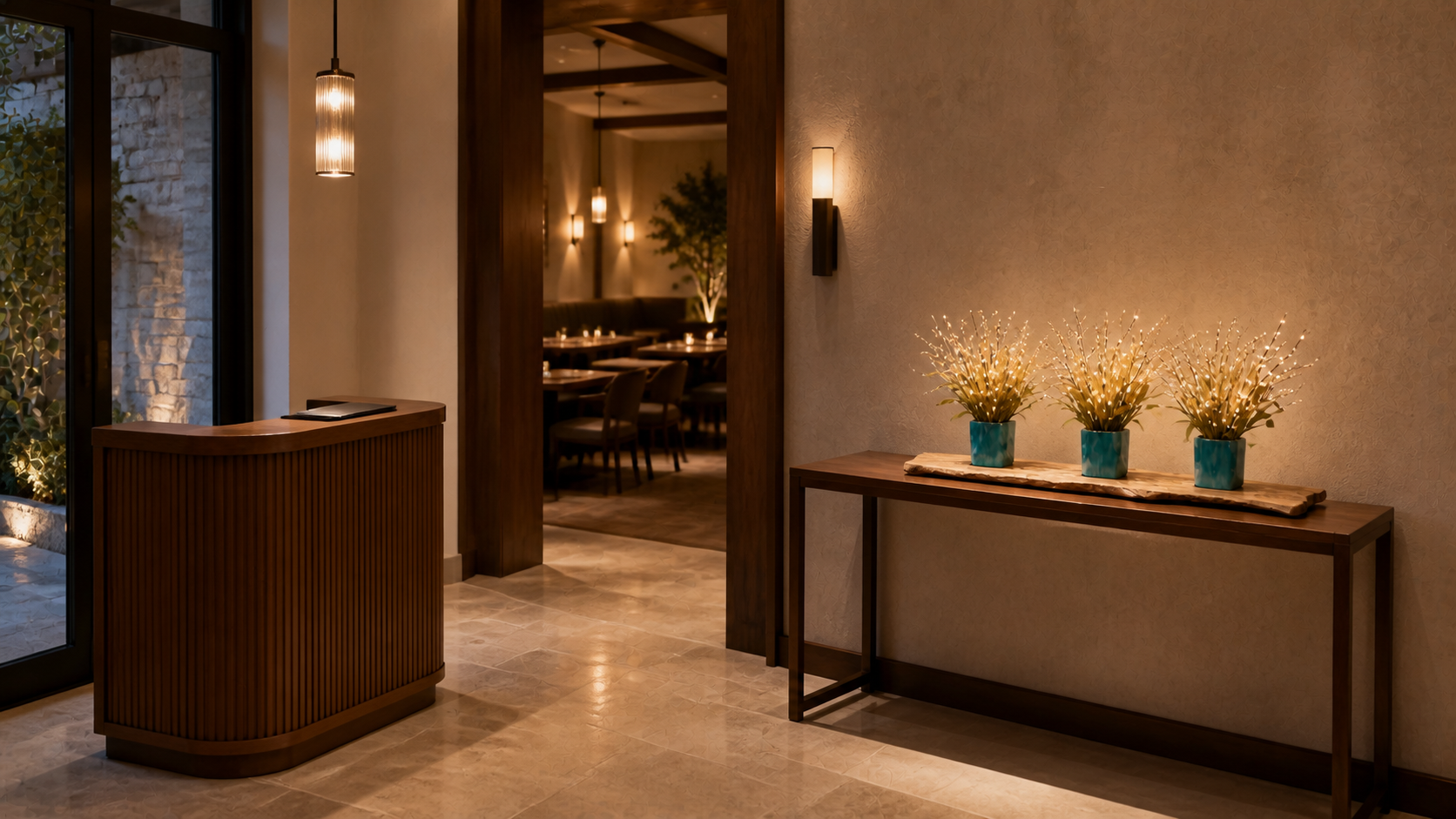 Custom illuminated botanical arrangement with three hand-decorated aqua vessels on a live-edge wood base, displayed beside a restaurant hostess stand