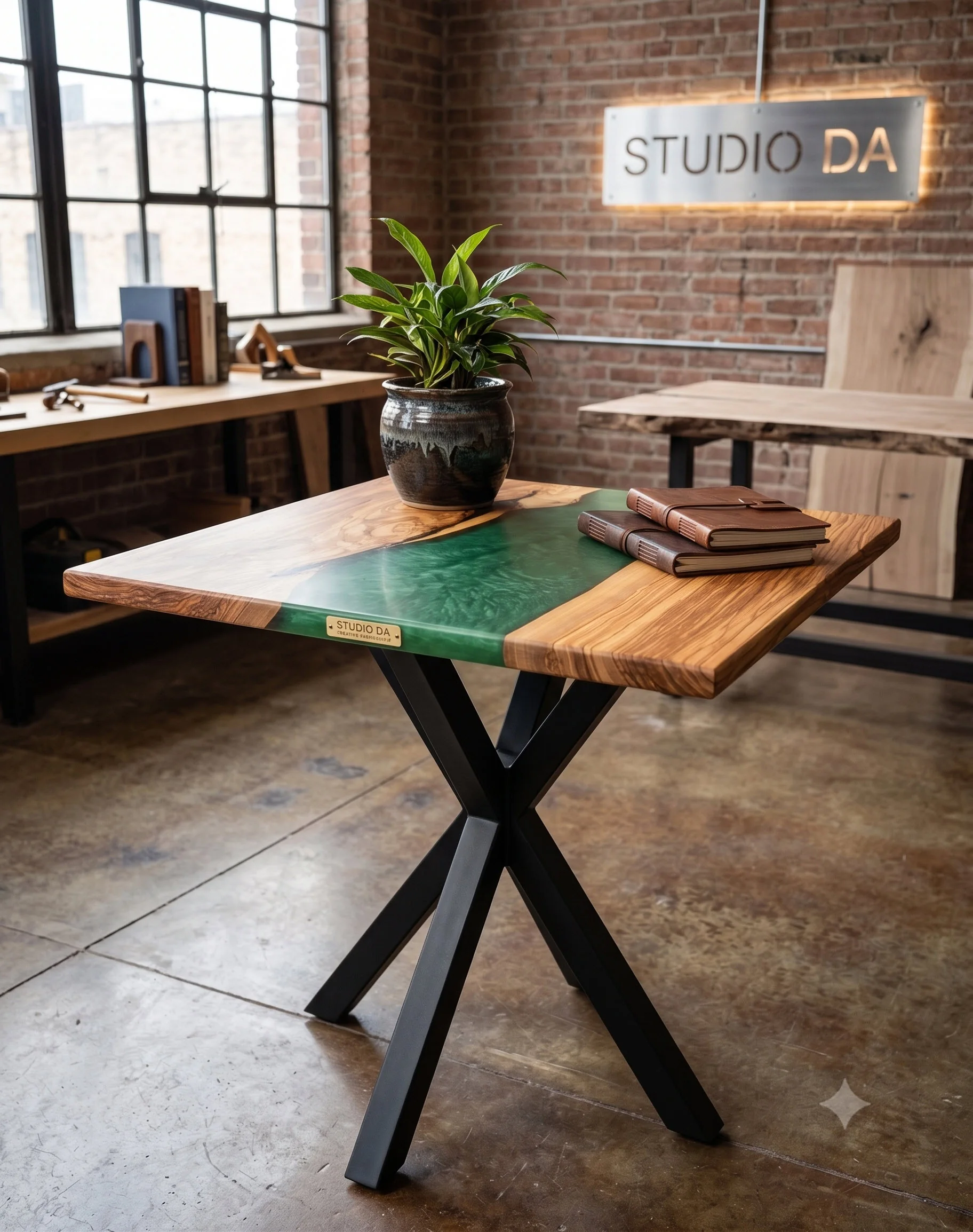 Natural-edge wood and emerald resin table on a black steel base