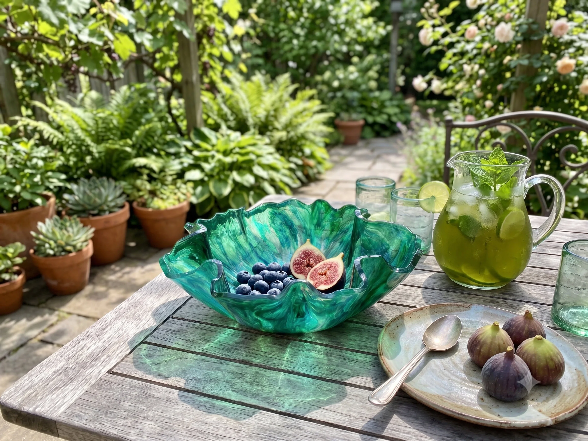 Emerald sculpted resin bowl styled outdoors