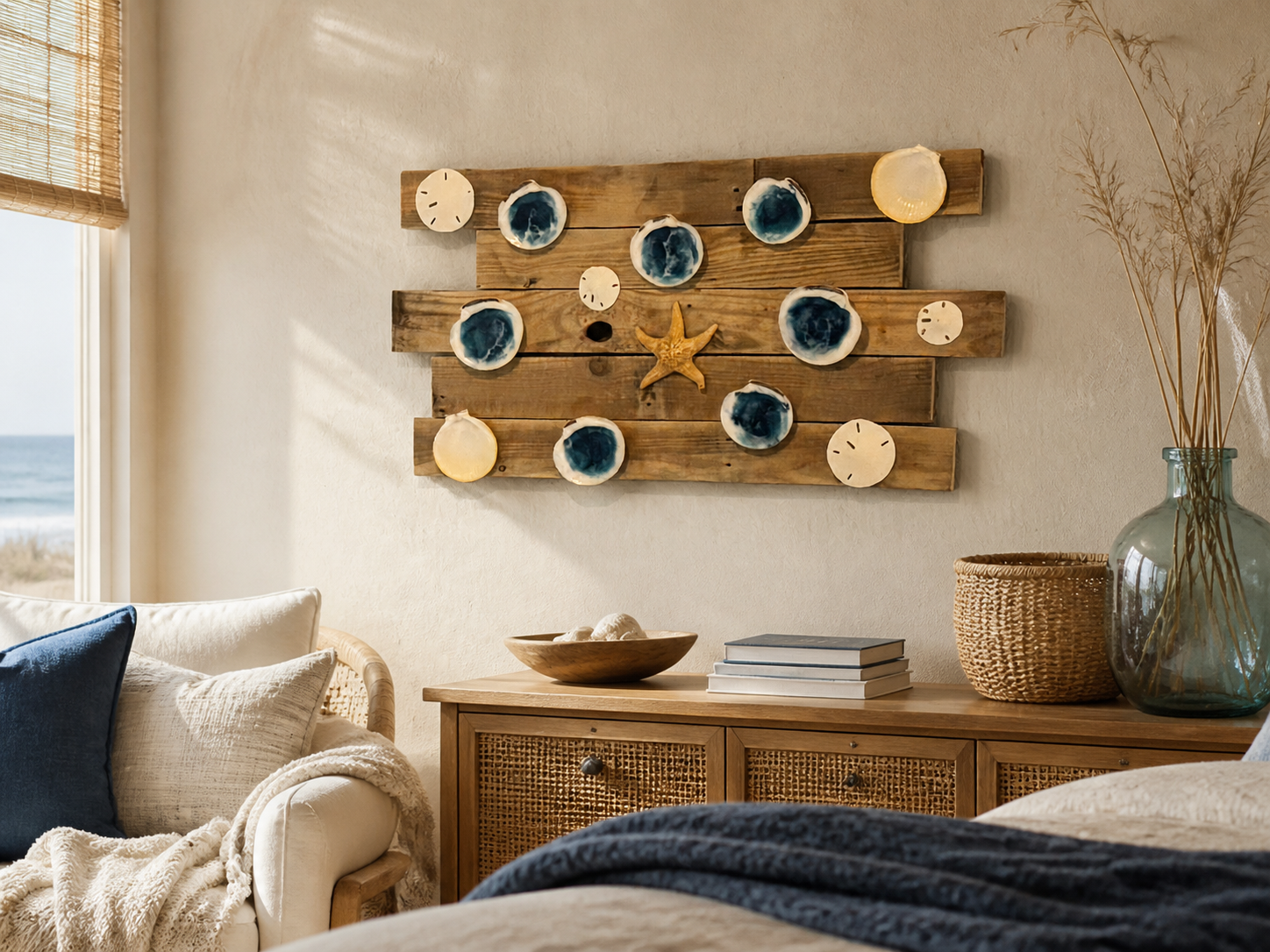 Shipwreck Tide custom wall art in reclaimed wood and water-like blue resin, composed for a warm coastal room