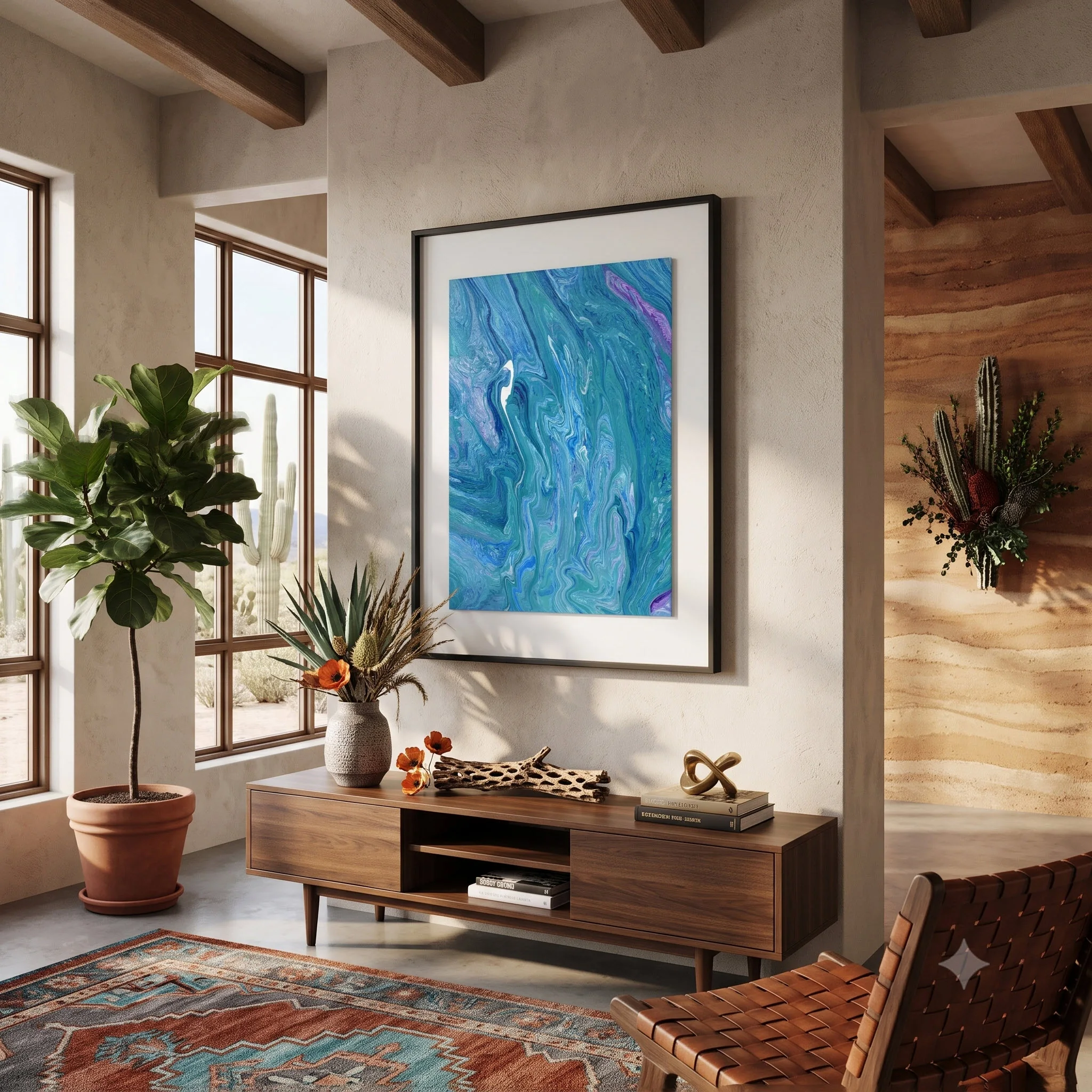 Blue resin wall art displayed above a console