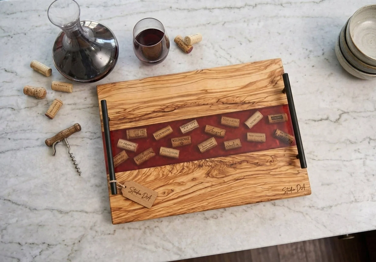 Olive wood serving tray with wine-red resin and embedded corks styled for entertaining